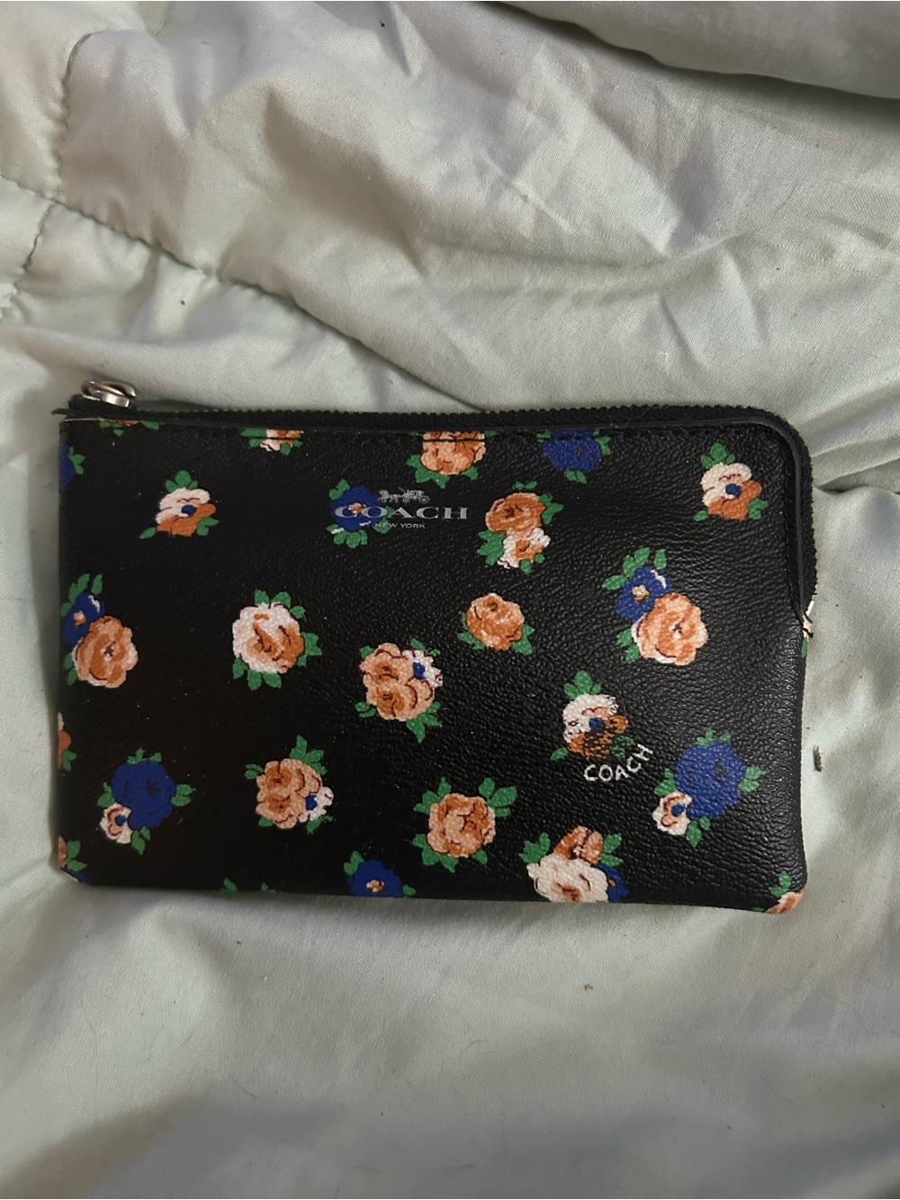 COACH Black Floral Zip Pouch with Peach & Blue Blooms